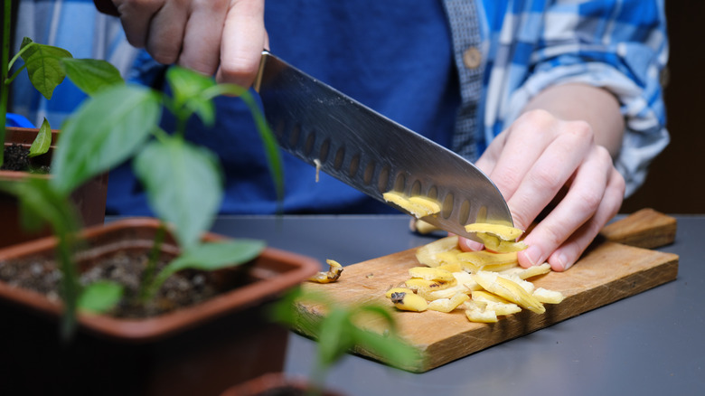 Hands slicing banana peel