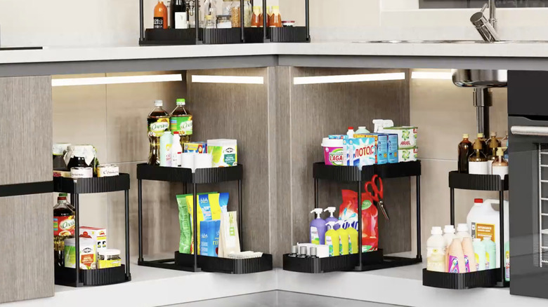 A well organized under-sink storage cabinet