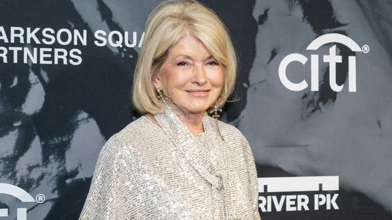 Martha Stewart smiling in silver sparkling sweater