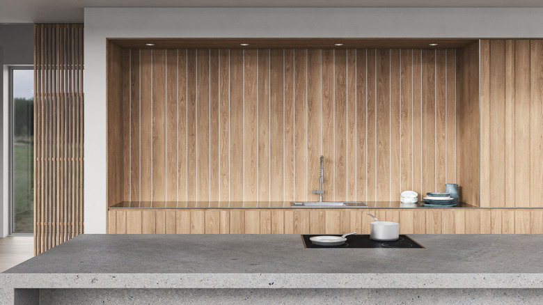 Modern white and wood kitchen with concrete countertop