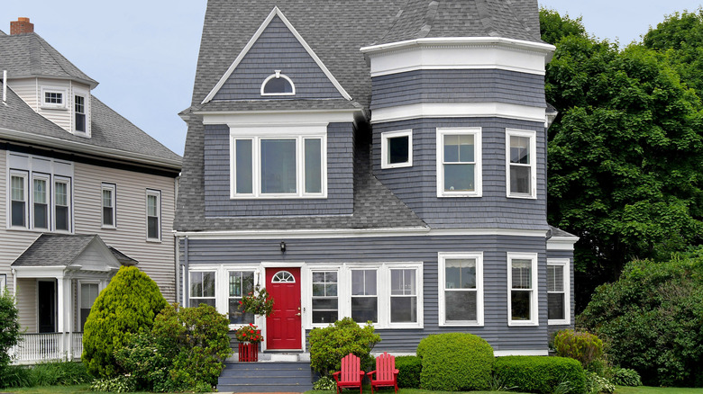 gray house with red door