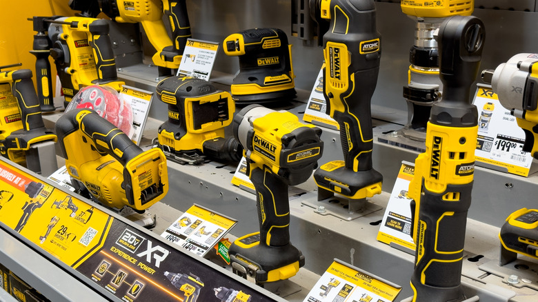 Display of DeWalt power tools on store shelf