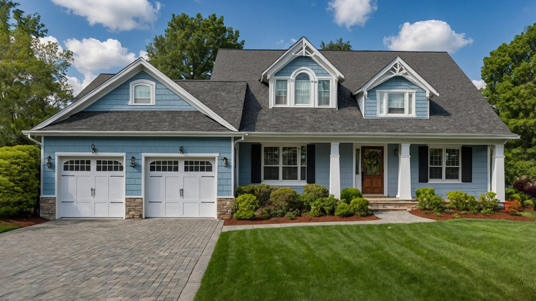 Blue suburban home with driveway and lawn