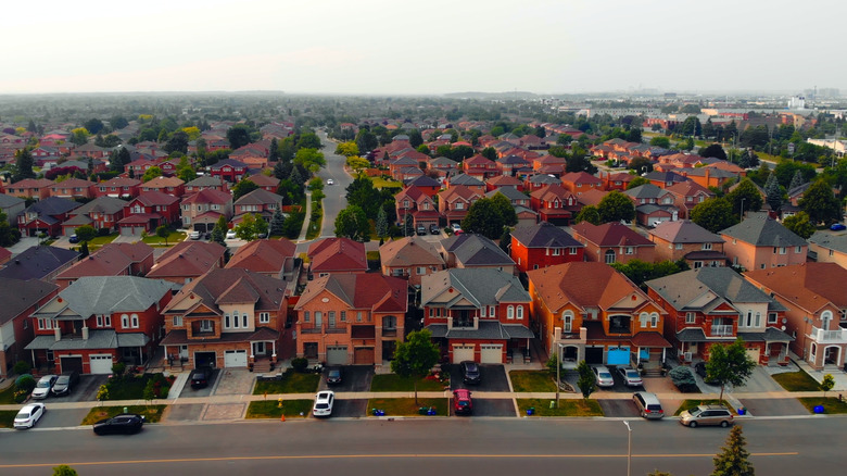 An aerial view of brick homes