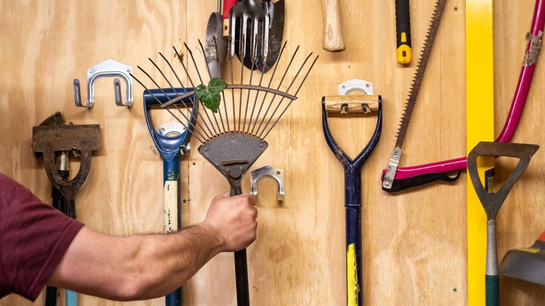 Man grabbing rake off wall