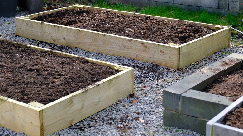 These raised beds are filled with soil.