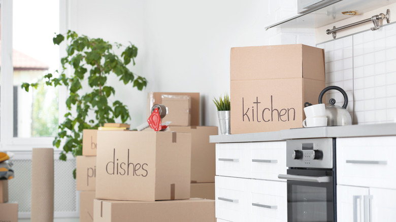 Empty kitchen with moving boxes