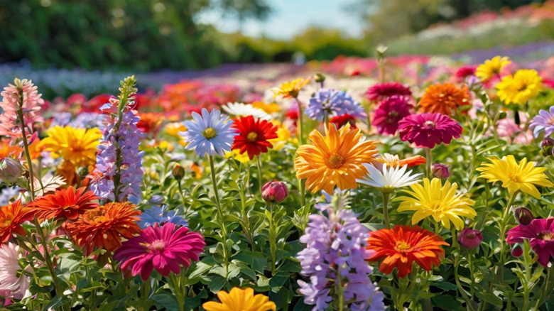 A colorful spring garden filled with flowers.