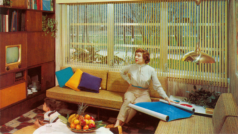 woman in mid-century modern living room