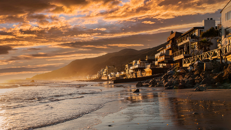 Malibu beach homes at sunset