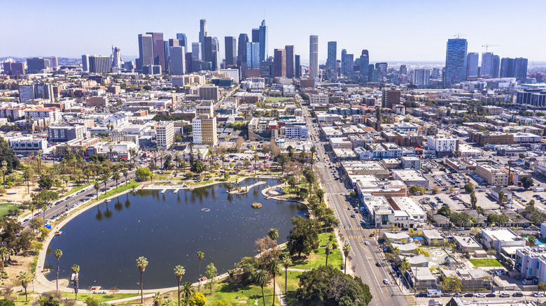 Los Angeles skyline with MacArthur Park