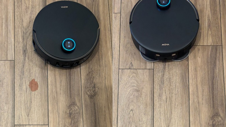 Side by side of MOVA V50 Ultra Complete showing the before and after of mopping up a sticky juice spill on hardwood floor