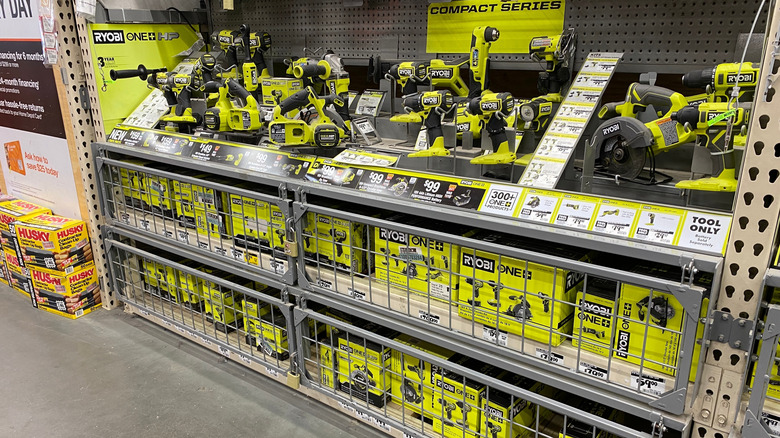 Available selection of Ryobi tools at a home improvement store