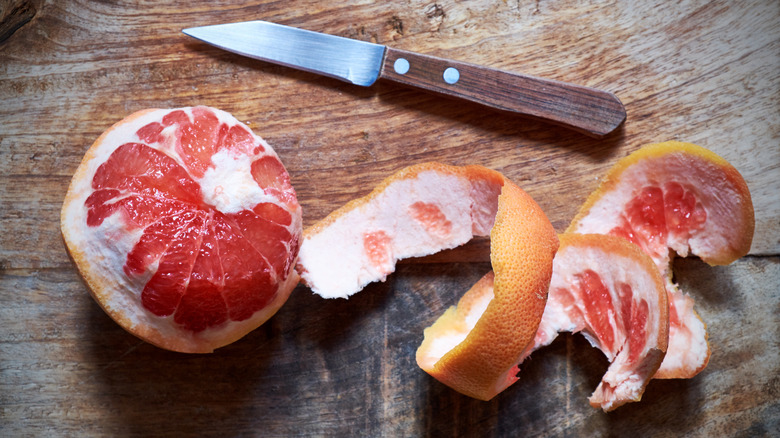 Grapefruit skin cut off in a spiral