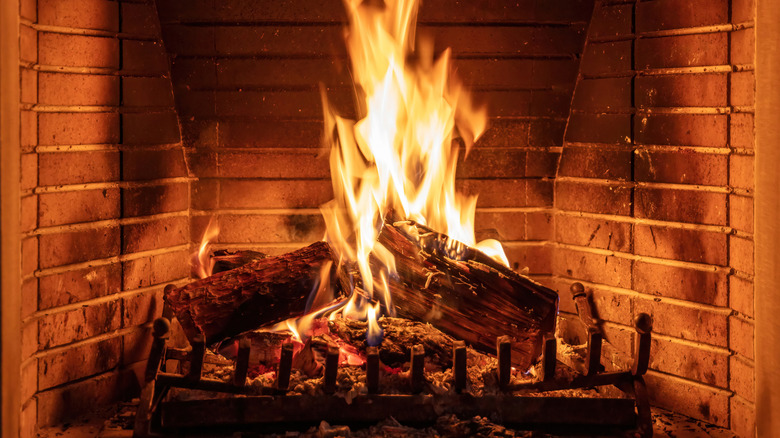 Close-up of burning logs inside a fireplace