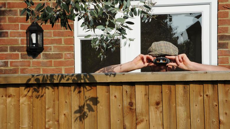 A man peering over the top of a privacy fence with binoculars