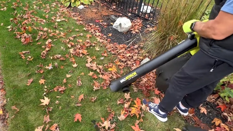 Loose twigs are pushed into the top of a cyan-blue leaf mulcher