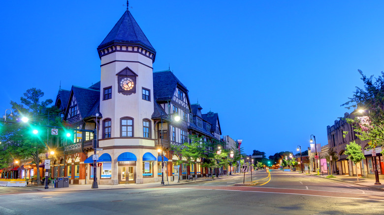 An evening view of a street in Brookline, MA