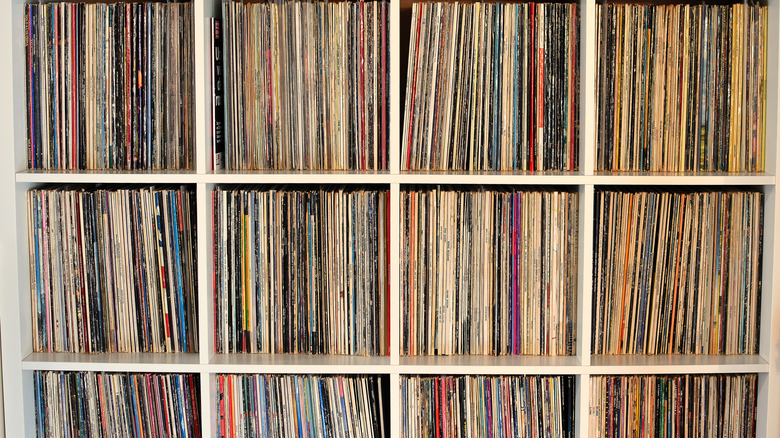 A collection of vinyl records on shelfs.