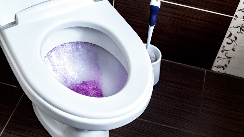 Toilet bowl with purple water flowing in.