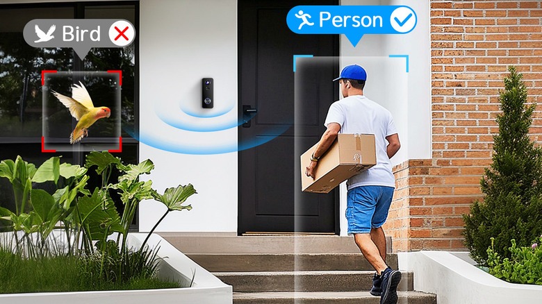 Video doorbell camera on a wall, with a delivery person approaching and a bird flying by