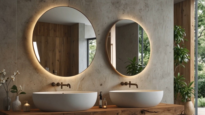 round mirrors with backlit illumination creates an inviting bathroom aesthetic