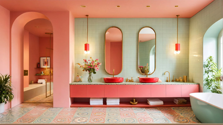 twin pill shaped mirrors make a bold statement in a room full of originality and bright coral hues
