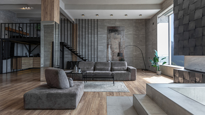 A living room designed in the neo-industrial style.