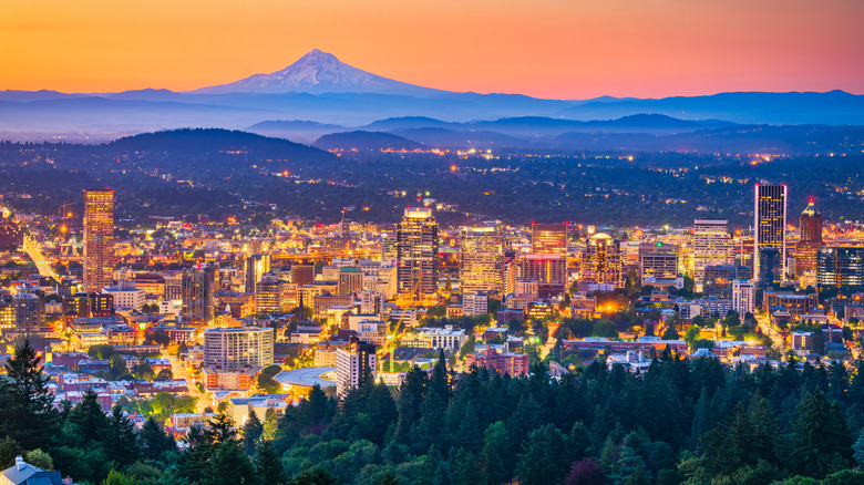 Portland skyline with mountain background