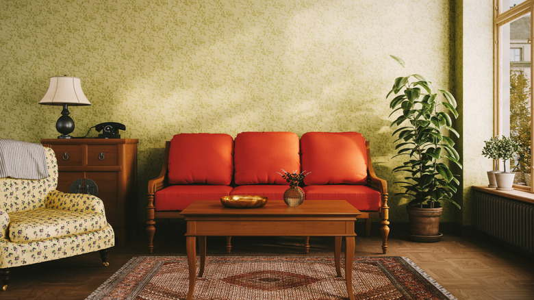 1950s living room with abstract wallpaper
