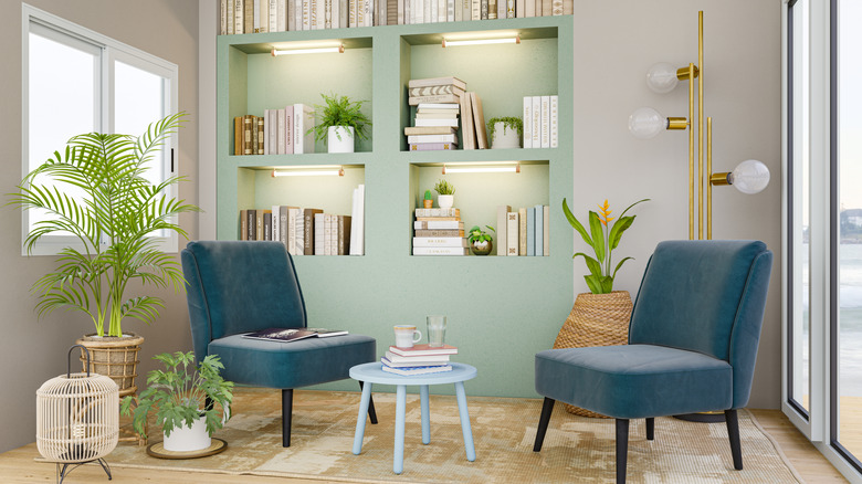 '50s style living room with built-in shelving