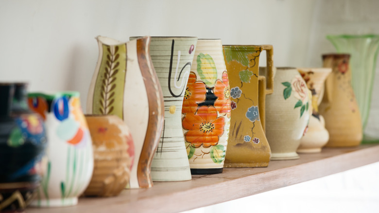 1950s ceramic vases on a shelf