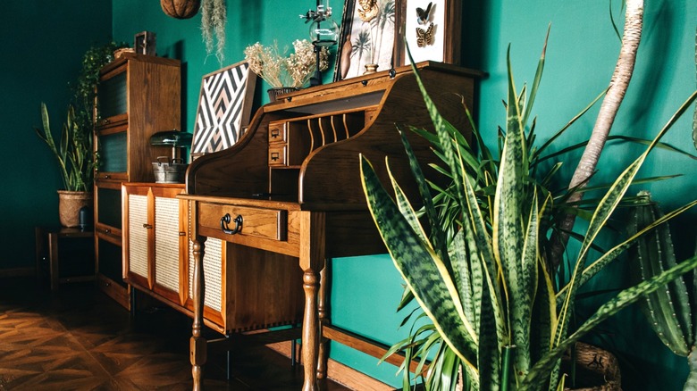 Vintage wood and caned furniture with greenery and artwork against green wall