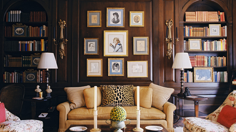 A vintage living room with wooden millwork.