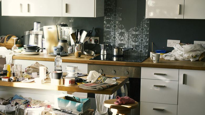 Cluttered, messy kitchen space