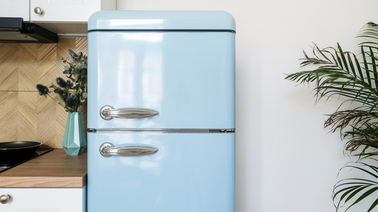 a vintage ice blue fridge in a modern kitchen