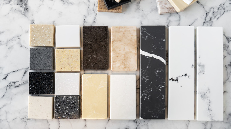 A countertop with countertop samples on it