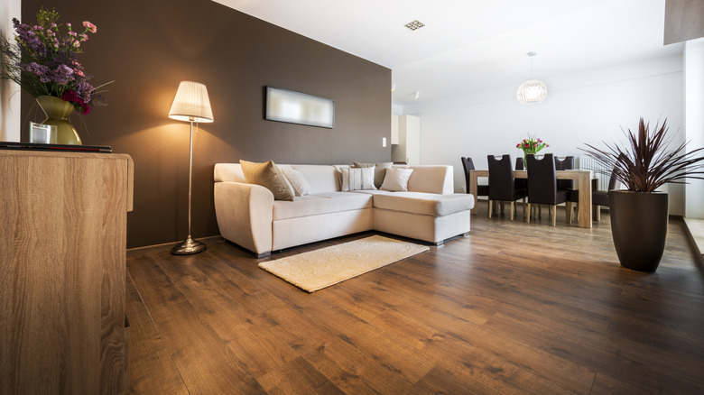Living room with dark wood floors and warm colors