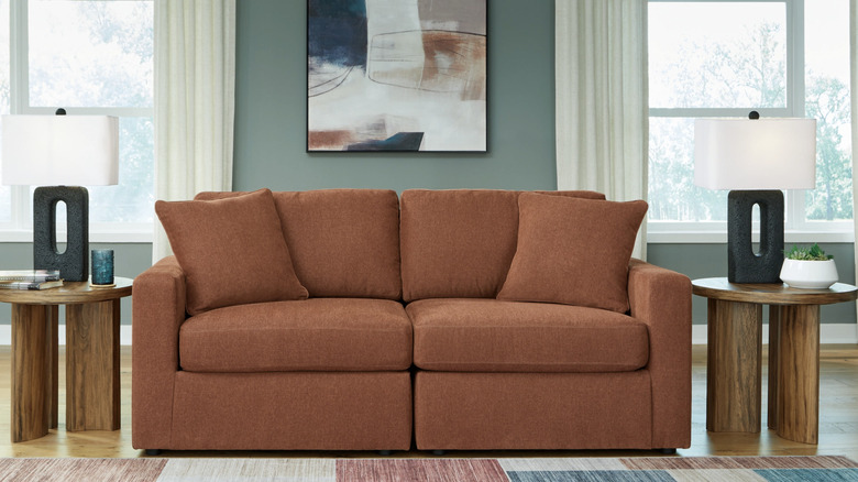 Product image of Modmax 2-piece Fabric Loveseat in brown, two end tables at each side with matching lamps.