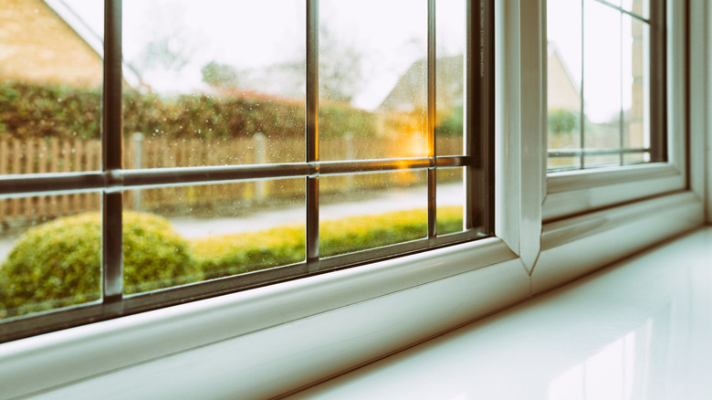 Rain droplets on a window in someone's home