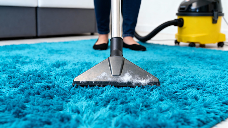 Feet with black slippers standing in the background as the nozzle of a vacuum is used to clean a turquoise shag carpet in a living room