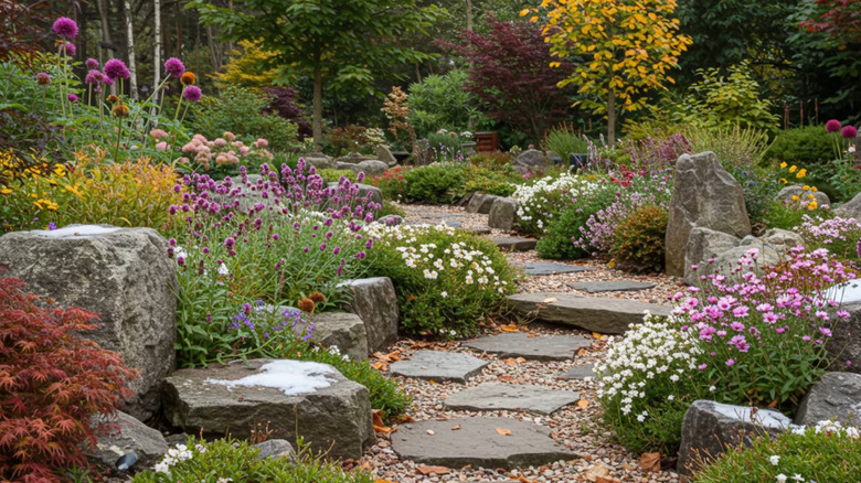 A cottage garden with flowering plants, decorative rocks, and a gravel pathway.