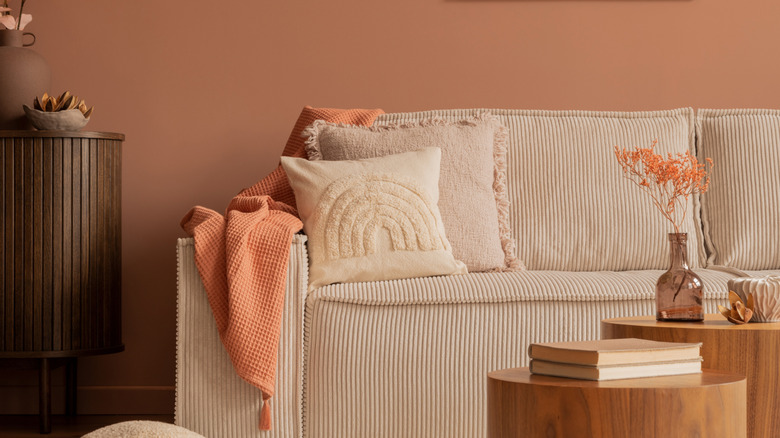 An ivory corduroy against a terracotta wall