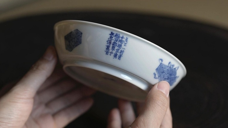 Hands holding up a blue and white porcelain bowl