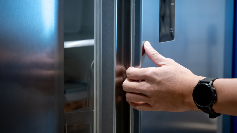 A person opens a stainless steel refrigerator