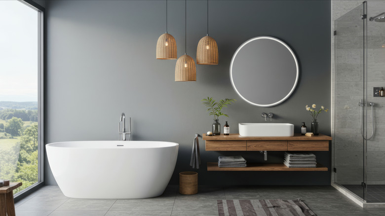 Modern bathroom with a white bathtub,  wooden vanity, hanging rattan lights, and a glass shower enclosure