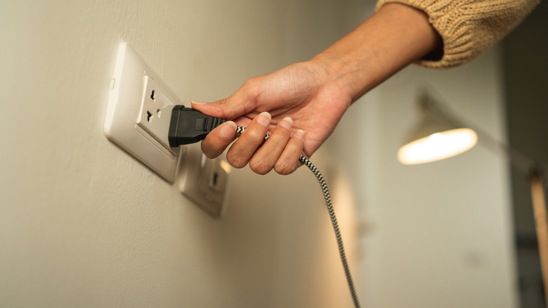 Person plugging lamp cord into a wall socket