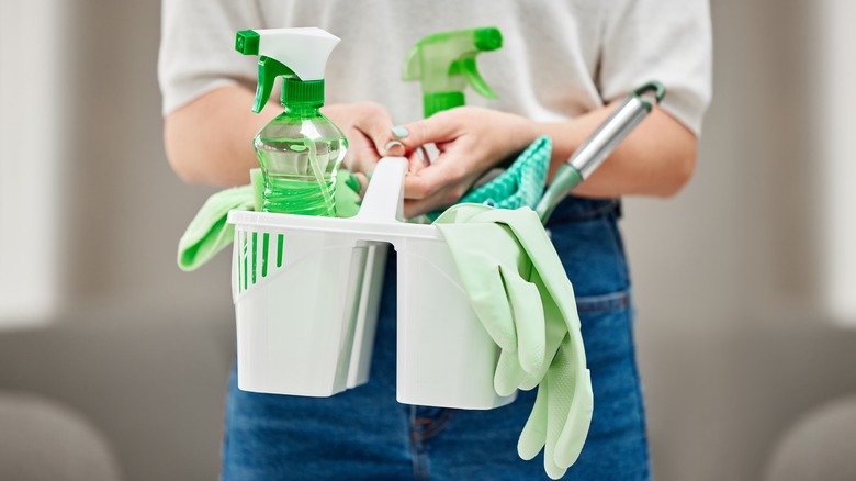 Person holding basket of green cleaning products