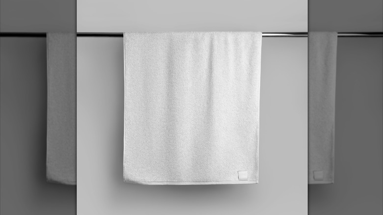 A white towel lays flat on a silver towel bar in the bathroom to dry.