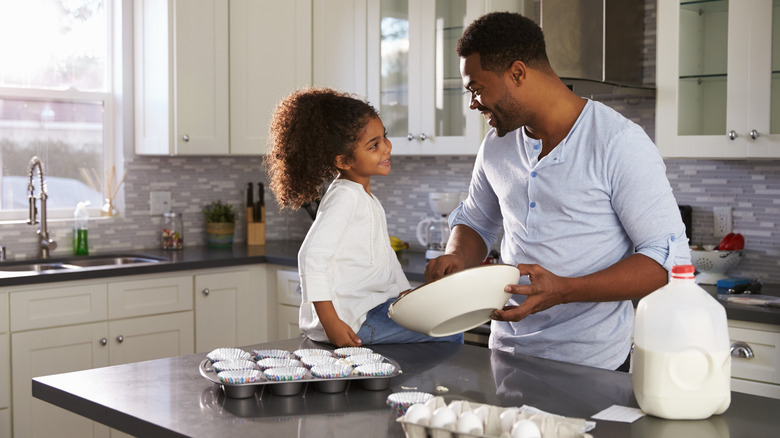 Family using kitchen island